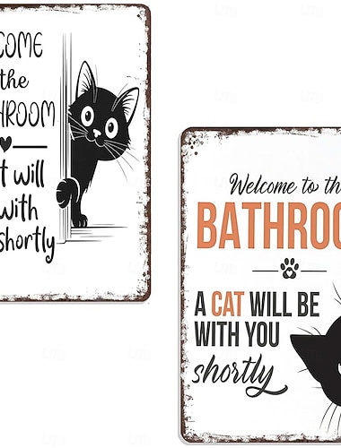  Lot de 2 noirs vintage &Décoration murale chat blanc - Plaque en métal humoristique « Bienvenue dans la salle de bain » - Décoration rétro pour salle de bain avec motif chat - Plaque en aluminium pour