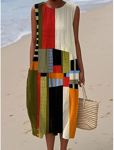  Abito Midi da Donna in Lino Similare Vestito Estivo a Fascia A Vacanza Casual Boho Spiaggia Uscita Vestibilità Larga Grafica Geometrica Astratta Senza Maniche Collo Tondo Rosa Verde Estate Primavera