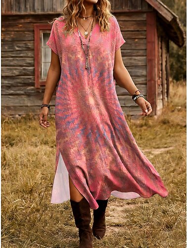  Damen Midi Kleid Boho A-Linien Kleid Urlaub Lässig Täglich Lockere Passform Grafik Geometrisch Kurzärmel V-Ausschnitt Pink Lila Sommer Frühling