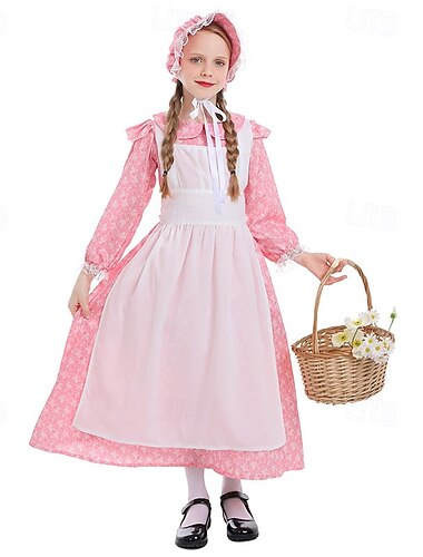  250e anniversaire des États-Unis 19ème siècle années 1800 Robe Prairie Ensemble bonnet et tablier Manches longues Fille pionnière Epoque Coloniale Pionnier Guerre d'indépendance américaine Fleuri