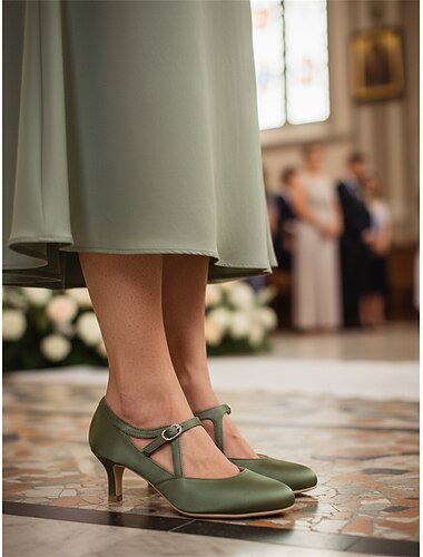  Kvinne Salvie Grønn Satin T-Stropp Hæler-Vintage Gatsby Mid Hæl Pumper med Spenne Elegante Sko Bryllup  Ballromdans