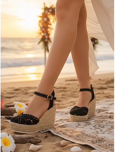  Witte kanten espadrilles met sleehak voor dames - ademende gehaakte platformhakken met enkelbandje - elegante boho bruidsschoenen voor op het strand &bruiloften op een bestemming