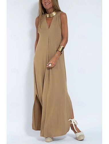  Femmes Robe maxi Robe d'été Occasionnel Quotidien Coupe Ample Uni Sans manches Col en V Bleu Noir Blanche Marron Été