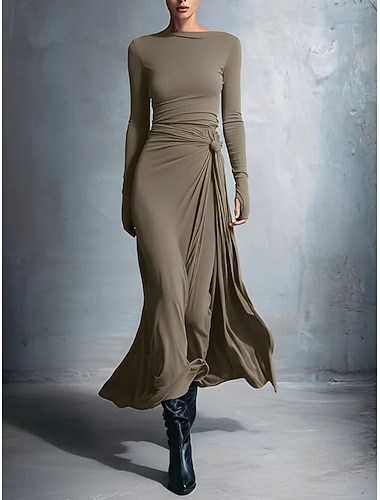  Damen Midikleid Freizeitkleid Wickelkleid Figurbetontes Kleid Elegant Mode Modern Outdoor Urlaub Ausgehen Normale Passform Einfach Langarm Rundhalsausschnitt Schwarz Rote Purpur Khaki Frühling Herbst