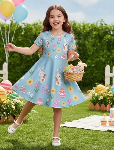  Pasqua ragazze' 3D Floreale Grafico Coniglio Abito Manica Corta Stampa 3D Estate Primavera Quotidiano Vacanza Feste Carino Essenziale Casual Bambini 4-12 Anni Vestito Casual Abito a trapezio