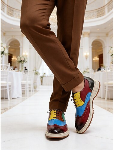  Fargerike herresko i imitert skinn med brogues, formelle forretningssko til bryllup, stilige sko til brudgommen og bryllupsgjestene