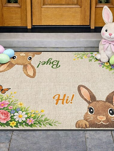  Zerbino pasquale con due coniglietti che salutano e salutano, circondato da fiori primaverili e farfalle, tappeto di benvenuto festivo all'ingresso