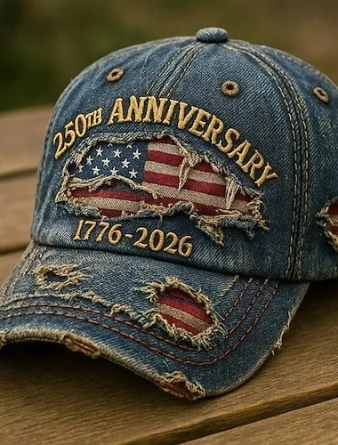  Baseballkappe aus Used-Look-Denim zum 250. Jahrestag der Vereinigten Staaten mit amerikanischer Flagge, Vintage-Hut der USA (1776–2026), patriotische Kappe zum Unabhängigkeitstag, Vintage-Hut mit