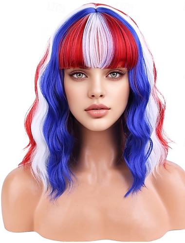  Perruques rouges blanches et bleues pour femmes et filles perruques de 4 juillet perruques courtes bouclées ondulées avec frange perruque de fête du 4 juillet
