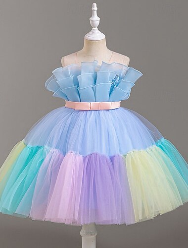  フラワーガールドレス 女の子 フォーマルドレス 結婚式の服装 パーティー 結婚式 フォーマル プリンセス パッチワーク メッシュ 勾配 ノースリーブ クルーネック ピンク スカイブルー 4年以上