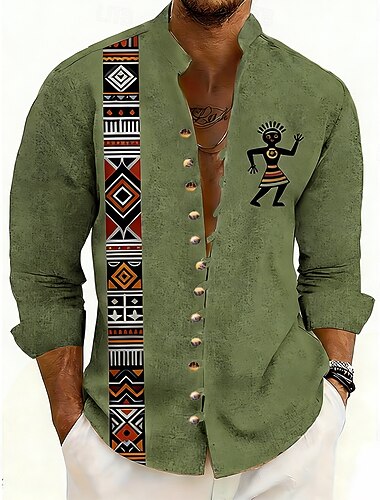  Herren Geometrisch Ethik / Afrikanisch Indigene Völker Hemd Stehkragenhemd Langarm Vintage-Retro Lässig Urlaub Frühling Herbst Mandarinkragen Stehkragen Button-Down Leinenähnliches Hemd Blau Gelb