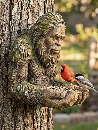  Bigfoot-Vogelfutterhaus, wasserfeste Außenskulptur mit Palmenschale &Versteckter Schlüssellochaufhänger, baummontierte/hängende Gartendekoration für Vogelbeobachtung im Garten, für Naturliebhaber