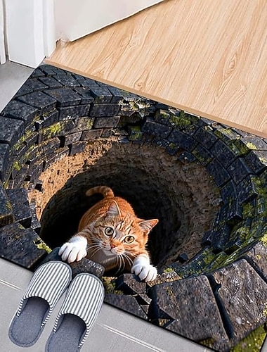  Optische 3D-Fußmatte mit Kieselgur-Motiv, wetterfest, mit Katzenmotiv, die aus einem Brunnen lugen. Leicht zu reinigen für Terrasse, Veranda, Eingangsbereich, Wohnzimmer oder Büro (grau, 60 x 90 cm). 2D-Flachdruck.