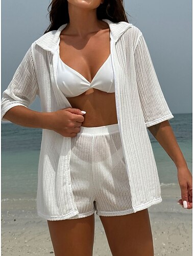  Damen Badeanzug Bikini Dreiteilig Tanga Bademode Schlank Rückenfrei Urlaub Strandbekleidung Einfarbig V Ausschnitt Ärmellos Badeanzüge