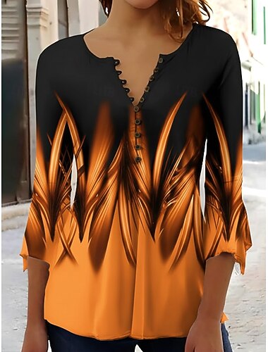  Damen T-Shirt Ombre Grafisch Abstrakt Elegant Vintage Stilvoll 3/4-Langarm V-Ausschnitt Lange Oberteile Täglich Ausgehen Knöpfe Blau Rot Orange Grün Sommer Frühling Herbst