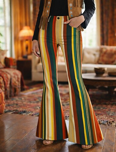  Rétro Vintage Boho Années 1970 Pantalon Pantalons à pattes d'éléphant Hippie Disco Taille haute Rayé Déguisement Femmes Mascarade Festival de Musique Soirée Défilé de la Fierté Adulte Pantalon
