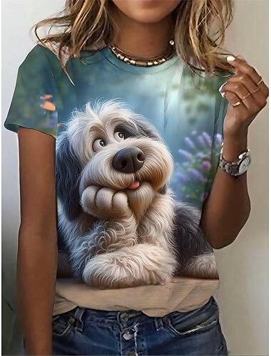  Dames T-shirt Afdrukken Grafisch dier Brief Vintage Stijlvol Klassiek Korte mouw Strakke ronde hals Ronde hals Normale tops Dagelijks Weekend blauw Blozend Roze Khaki Zomer Lente Herfst Winter