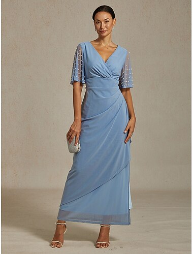  Dames Maxi-jurk Schede jurk Elegant Geplooid Effen Kleur Korte mouw Lange mouw V-hals Stoffig blauw