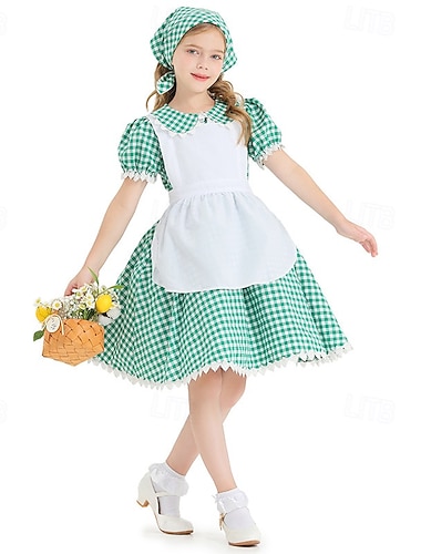  250 שנה לארה"ב המאה ה 19 שנות ה-1800 שמלת ערבה סט מצנפת וסינר שרוולים קצרים נערת חלוצה קולוניאלי חָלוּץ מלחמת העצמאות משובץ\משובץ שחור לבן תחפושות בנות האלווין (ליל כל הקדושים) קרנבל 4 ביולי