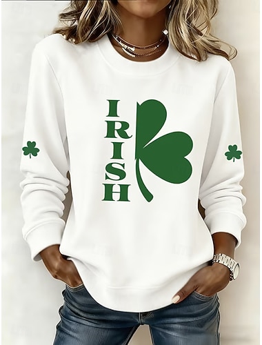  Dame Genser med genser Hettegensere Trykt mønster Grafisk kløver Mote Fritid Langermet Crew-hals Vanlige topper Gate Hverdag Grågrønn Svart Hvit Grønn Vår Høst Vinter