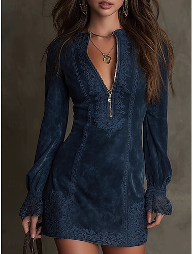  Dam Mini klänning Vardagsklänning Cocktail klänning Bodycon Klänning Klänning i konstmocka Elegant Mode Modern Utomhus Semester Utekväll Normal Slät Långärmad Hög hals Brun Grön Mörkblå Sommar Vår