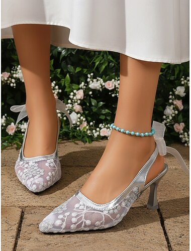  Women's Silver Lace Slingback Heels - Elegant Floral Embroidery Wedding Shoes, Comfortable Mid-Heel Bridal Pumps for Garden Guests & Romantic Ceremonies