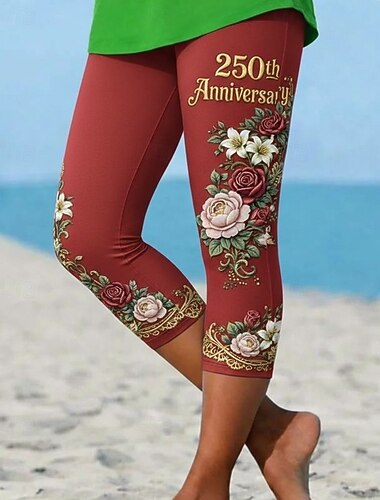  Onafhankelijkheidsdag Amerikaanse Jubileum Patriottische Dames Capri Broeken Leggings Vakantie Hawaïaanse Stijlvolle Capri Medium Taille Broek Bloemen Grafisch Comfort Stretchy Vakantie Formeel