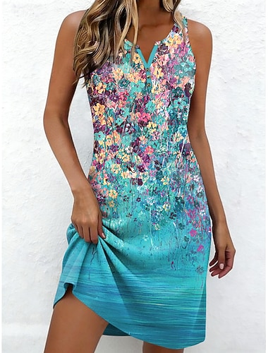  Femmes Mini Robe Robe fourreau Robe d'Été Robe d'été Robe à épaules dénudées Vacances Occasionnel Quotidien Fête Sortir Coupe régulière Fleuri Graphique Sans manches Col en V Bleu Violet Orange Vert