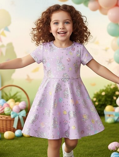  Ostern Mädchen' 3D Grafik Kaninchen Kleid Kurzarm 3D-Druck Sommer Frühling Täglich Urlaub Party Niedlich Basic Lässig Kinder 4-12 Jahre Freizeitkleid A Linie Kleid Knielang Normale Passform