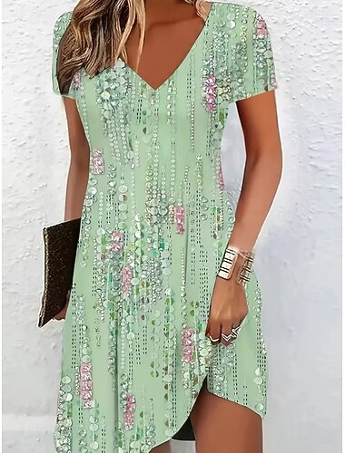  女性用 ミニドレス サンドレス T シャツドレス A ラインドレス 旅行度假风 カジュアル ボヘミアン ビーチ お出かけ レギュラー フラワー グラフィック 半袖 Ｖネック グリーン 夏 春