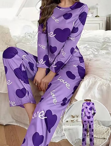  Damen Freizeitkleidung Schlafanzug Set Mode Einfach Lässig Herz Grafik Elastischer Bund Hose Heim Urlaub Langarm Rundhalsausschnitt Purpur Frühling Herbst Normale Passform