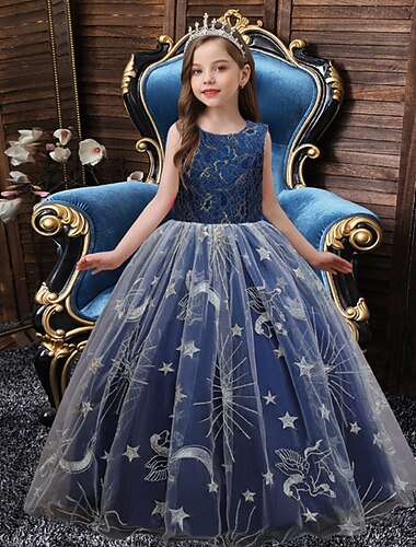  Bloemenmeisjesjurk Voor meisjes Formele kleding Trouwkleding Feest Bruiloft Formeel Aanbiddelijk Prinses Mooi Lapwerk Netstof Bloemig Mouwloos Strakke ronde hals blauw Grijs 4 jaar +