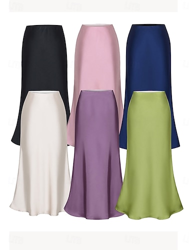  Damen Satinröcke Elegant Vintage Mode Lässig Midi Hohe Taille Röcke Einfach Gerafft Patchwork Unelastisch Täglich Straße Amethyst Marineblau Aprikose Rosa Sommer Spandex Satin
