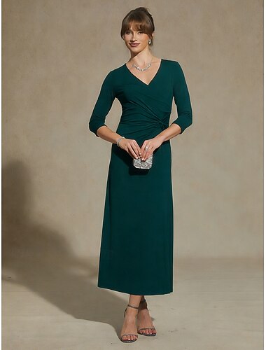  Damen Midikleid Etui-Kleid A Linie Kleid Elegant Täglich Urlaub Hochzeitsgast Normale Passform Einfarbig Dreiviertelarm V Ausschnitt Smaragdgrün