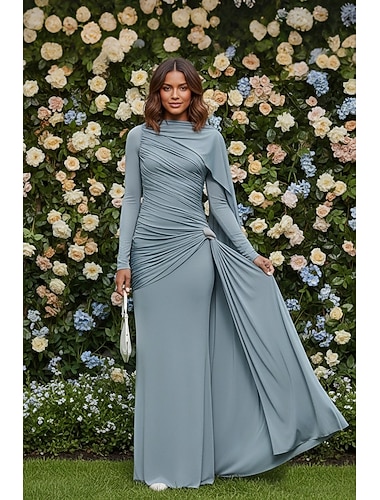  Linjeform Gulvlengde Gjestekjole til bryllup Wrap-kjole Overskjørtkjole Ballkjole med kappe Gjestekjoler til bryllup Elegant Langermet Båthals Aftenselskap Hage fest med Plissert Bølgemønster