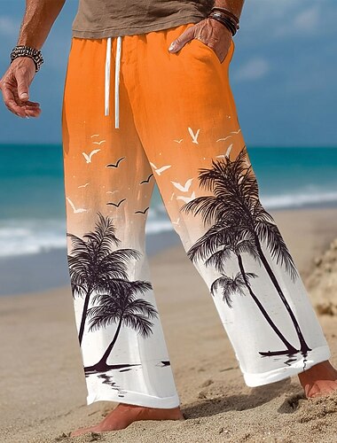  Miesten Kookospuu Kaltevuusväri Trooppiset kasvit Housut Roikkuvat housut Rennot housut Keskivyötärö Havaijilainen ulko- Loma Ranta-asut Joustava kiristysnyöri vyötäröllä Pellavamaiset housut