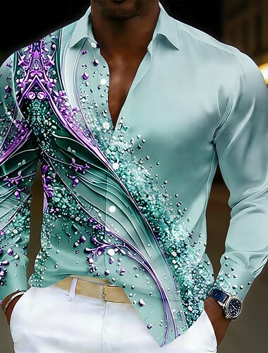  Herre Geometrisk Bølger Abstrakt kunst Skjorte Sateng skjorte Avslappet skjorte Langermet Fashion Casual Feriereise Hverdag Sommer Vår Aftæpning 3D-utskrift Skjorter med knapper Blå Rosa Lilla Grønn