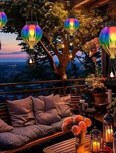  1 Stück wasserdichte, farbenfrohe Solar-Heißluftballonlaterne aus Glas und Metall für den Außenbereich, mit LED-Flammensimulation, geeignet für Garten, Hof, Bauernhof und Baumdekoration,