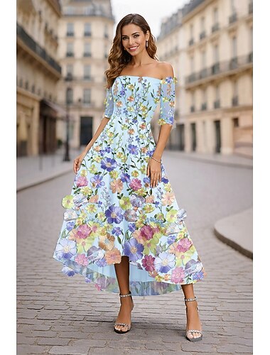  Ligne A Longueur thé Robes de Cocktail Élégant Style Célébrité Asymétrique Demi Manches Épaules Dénudées Fête de jardin Mariage Dentelle avec Broderie Appliques