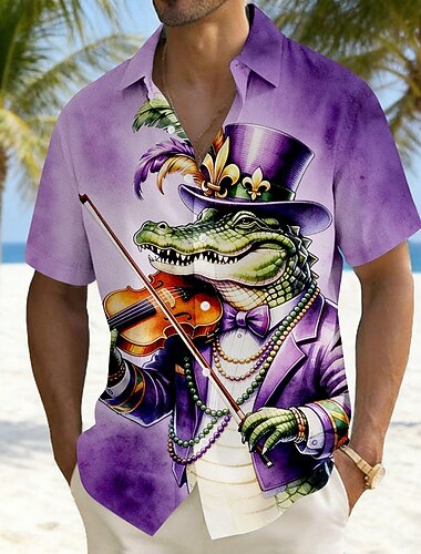  Mardi gras Férfi Krokodil Perlice Mardi Gras Fleur-De-Lis Ing Nyári póló Gombos póló Rövid ujjú Vintage Retro Szabadság Nyár Térfogatcsökkenés 3D nyomtatás Vászonszerű ing Medence Bíbor Lóhere