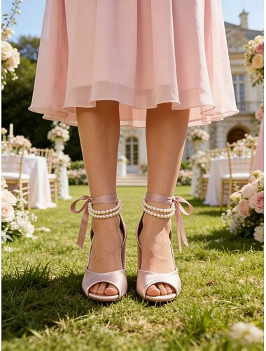  Růžové sandály na lodičkách s otevřenou špičkou pro družičky – saténové svatební podpatky s perlovým páskem přes kotník, motýlkem a robustními botami na vysokém podpatku pro svatební hostinu, obřad, hostinu, maturitní ples a formální události