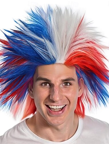  Perruque folle rouge blanche bleue unique hérissée et drôle perruque patriote cheveux fous perruques funky et floues pelucas para payasos costume célébrations du 4 juillet fête thématique