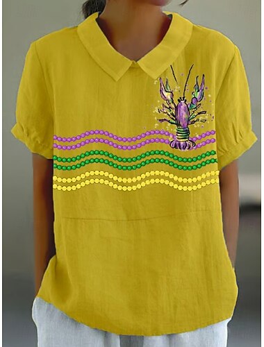  Mardi gras Dames Blouse Afdrukken Grafisch Elegant Vintage Dagelijks Korte mouw Overhemdkraag Normale tops Dagelijks Werk Feestdagen Zwart Wit Geel Paars Groen Zomer Lente