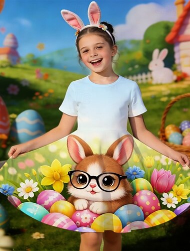  Pasen Meisjes 3D Grafisch Konijn Jurk Korte mouw 3D-afdrukken Zomer Lente Dagelijks Vakantie Feest leuke Style Basic Casual Kinderen 4-12 jaar Casual jurk A lijn jurk Tot de knie Normale pasvorm