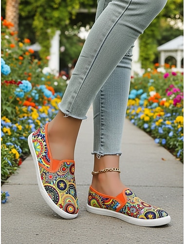  dames levendige mandala print slip-on canvas schoenen – casual en comfortabele flats voor dagelijks gebruik en reizen