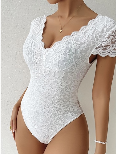  Damen Normal Bodysuit Streetwear Einfarbig Kurzarm V Ausschnitt Spitze Hohe Taille Club Party Schlank Schwarz Weiß Wein Sommer