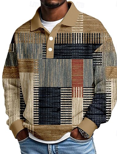  Herre Geometrisk Fargeblokk Vaffel poloskjorter Med Tekstur Langermet Poloskjorter Knaphul Fritid treningsklær Dagligdagstøy 3D-utskrift Vår Høst Vinter Blå Lilla Brun