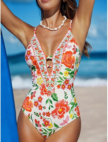  Dame Badetøy Ett stykke Monokini Badedrakt Midjekontroll Høy Midje Tynn Åpen rygg Ferie Strand Klær Blomstret V-hals Ermeløs Badedrakter