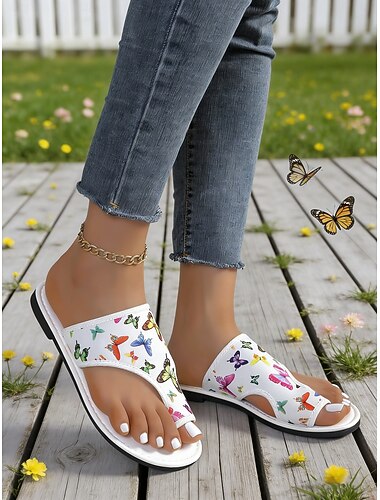  Witte platte slippers voor dames met vlinderprint – casual zomerstijl, lichtgewicht en comfortabel voor dames, ideaal voor strand, vakantie, tuin en dagelijks gebruik.