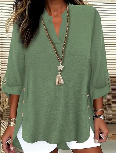  Femmes Chemise popover Chemise Décontractée Chemisier Couleur Unie Élégant Vacances Occasionnel Manche 3/4 Col en V Hauts Réguliers Travail Plage Fête Bleu Noir Blanche Rouge Violet Été Printemps